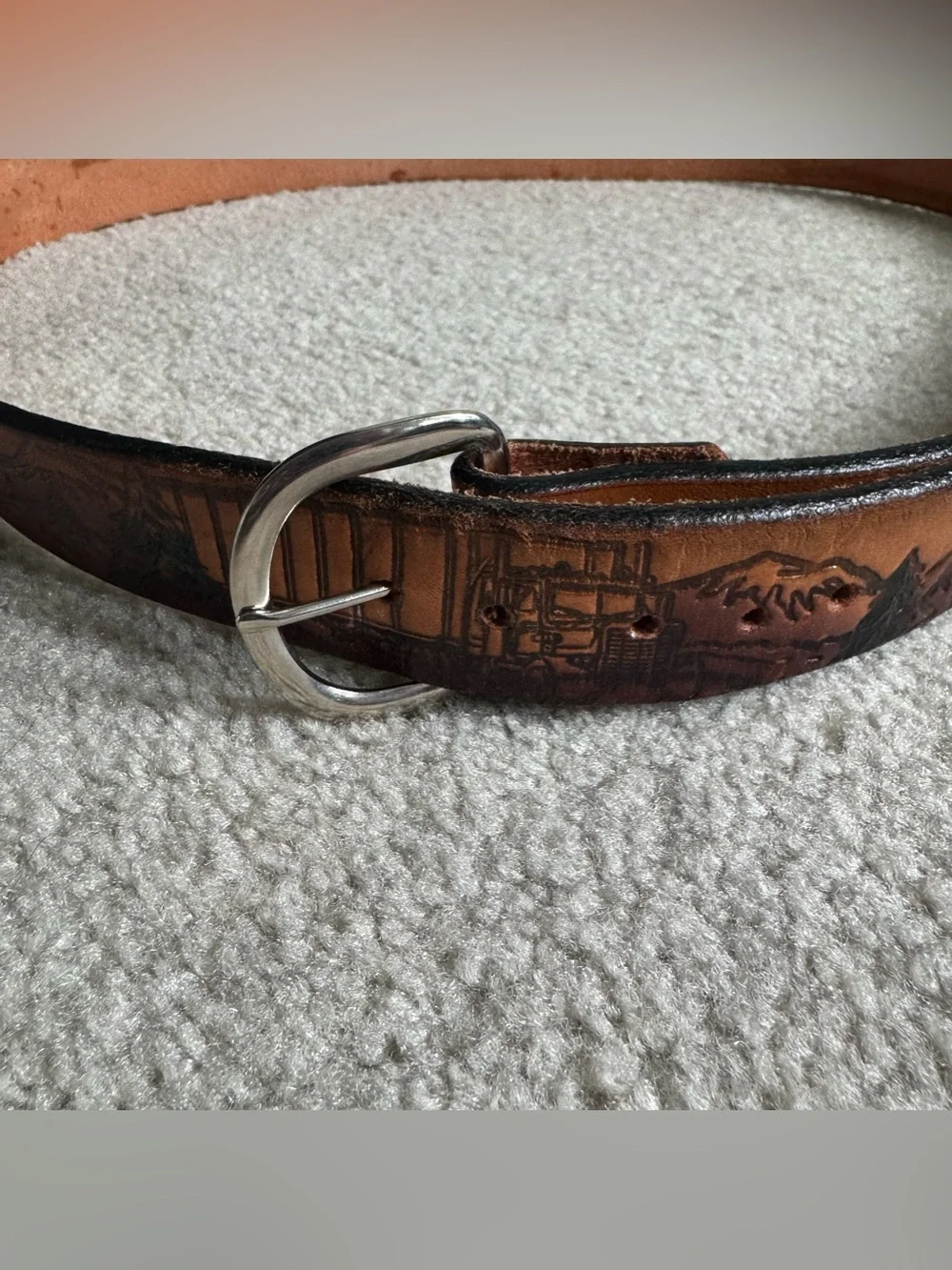 Trucker Mack / Semi Truck Mountain Outdoors Scene Brown Vintage Leather Belt